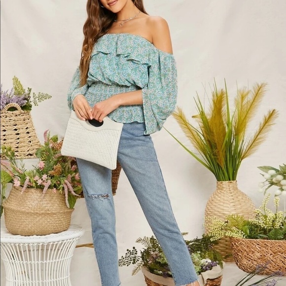 Blue Floral Print Off the Shoulders Boho Draped Sleeve Blouse Top Size Small S - Picture 6 of 9